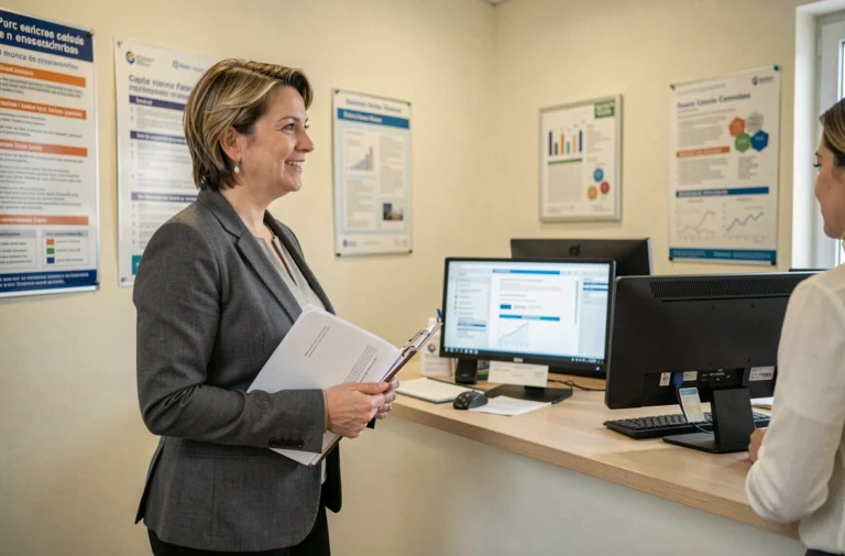 Femme déposant des documents à l'accueil de la CPAM, guichet administratif d'une caisse d'assurance maladie