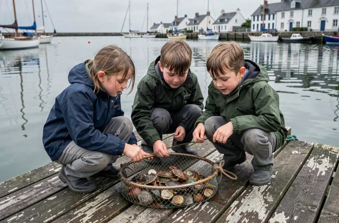 Grand-père et petits-enfants explorant la faune marine sur un ponton breton lors d'une sortie en famille