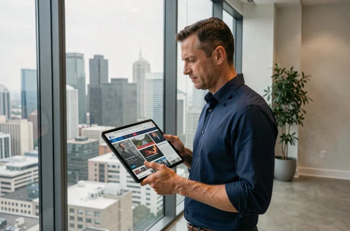 Homme d'affaires consultant les dernières actualités du web et du digital sur une tablette devant une fenêtre panoramique en ville