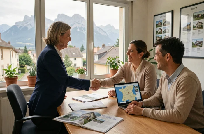 Agent immobilière professionnelle en Isère serrant la main d'un couple de clients dans une agence immobilière avec vue sur les montagnes du Vercors