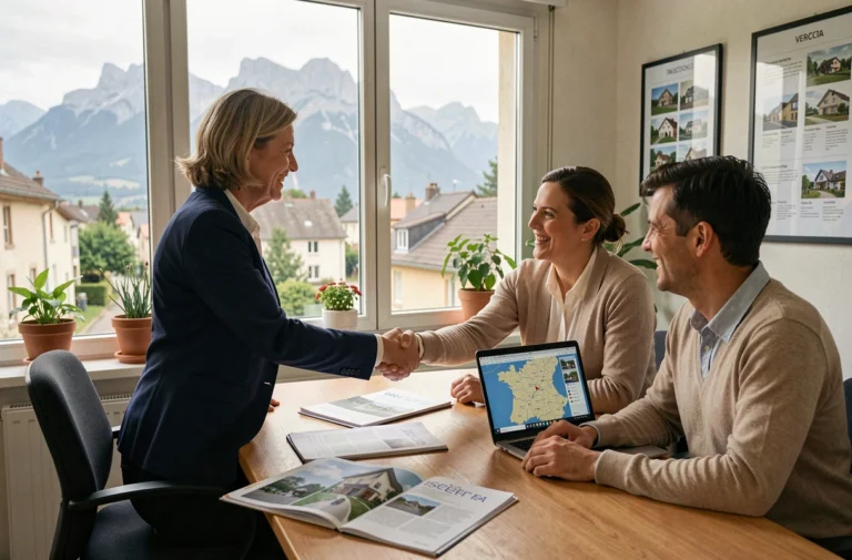 Agent immobilière professionnelle en Isère serrant la main d'un couple de clients dans une agence immobilière avec vue sur les montagnes du Vercors