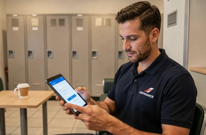 Agent Air France utilisant une tablette pour se connecter à Intralignes dans un espace de repos du personnel