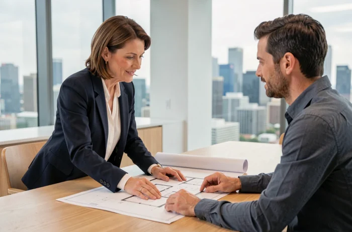 Agente immobilière professionnelle présentant des plans architecturaux à un client dans un bureau moderne avec vue urbaine