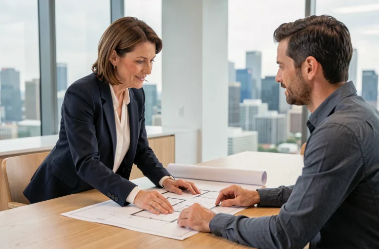 Agente immobilière professionnelle présentant des plans architecturaux à un client dans un bureau moderne avec vue urbaine
