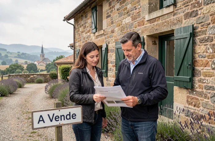 Deux agents immobiliers devant une ferme en pierre traditionnelle à vendre en Isère, examinant des documents de vente en milieu rural