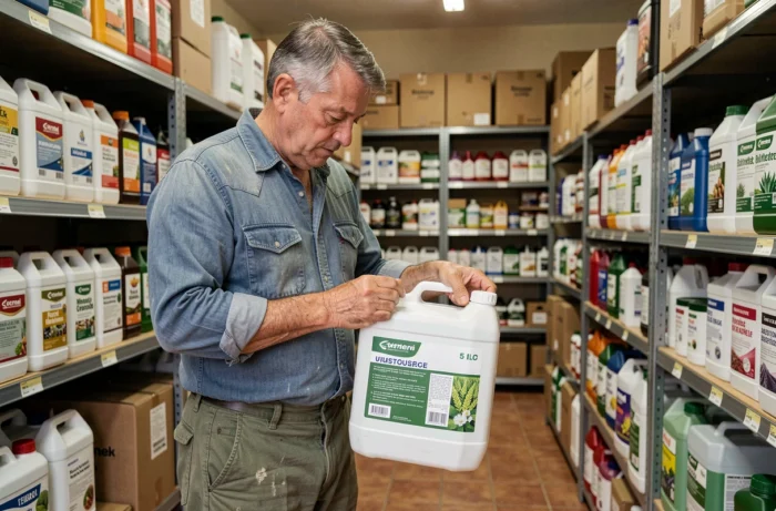 Agriculteur espagnol lisant l'étiquette d'un bidon de 5 litres de glyphosate dans un magasin de fournitures agricoles