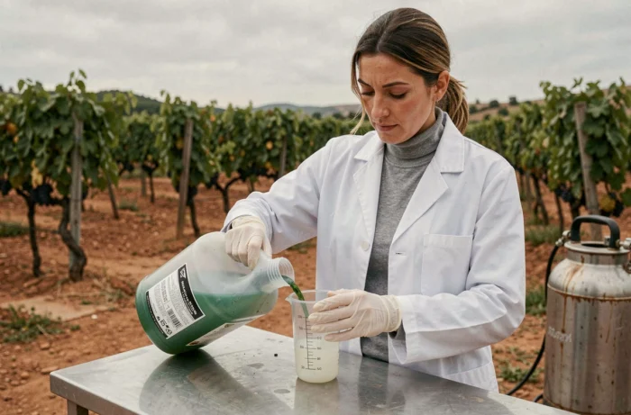 Agronome préparant une solution de glyphosate à partir d'un bidon de 5 litres au bord d'un vignoble espagnol