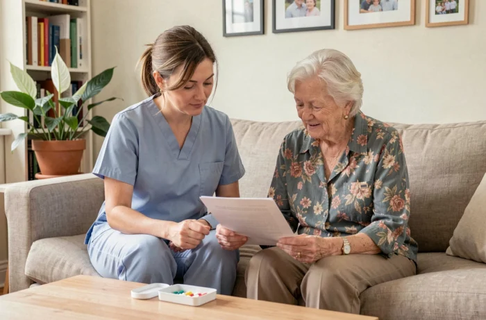 Aide-soignante et femme âgée consultant des documents de soins à domicile dans un salon, illustration des services d'accompagnement pour seniors