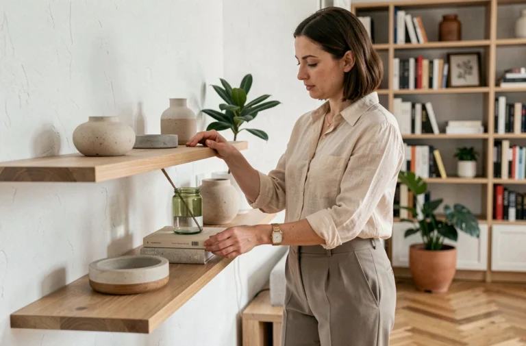 Femme arrangeant des objets décoratifs sur une étagère en bois dans un salon moderne et minimaliste