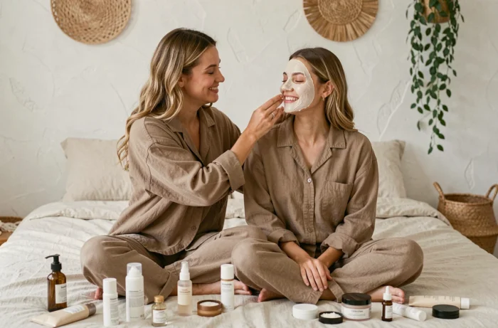 Deux amies partageant un moment de routine beauté avec des masques hydratants et des produits de soin disposés sur un lit en lin