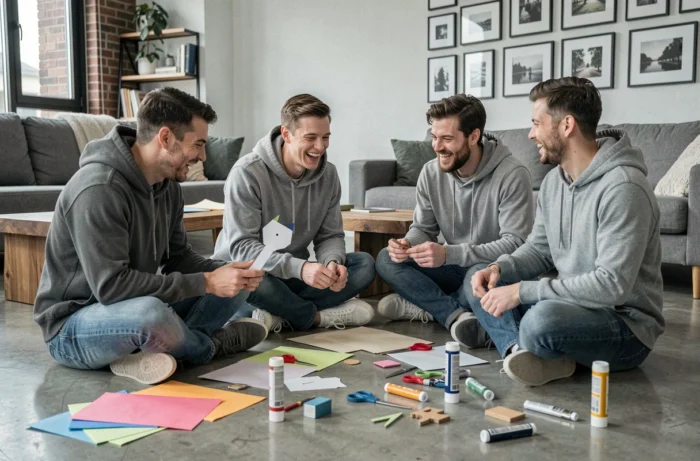 Groupe d'amis adultes réalisant des activités créatives DIY assis sur le sol d'un appartement moderne