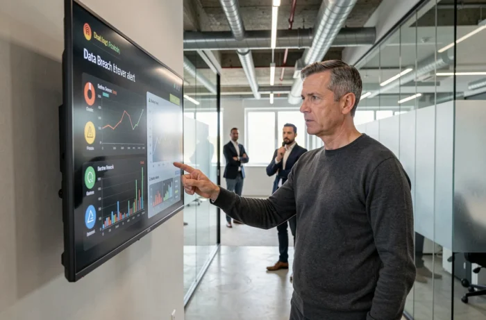 Professionnel en cybersécurité analysant une alerte de fuite de données sur un grand écran dans un open space moderne