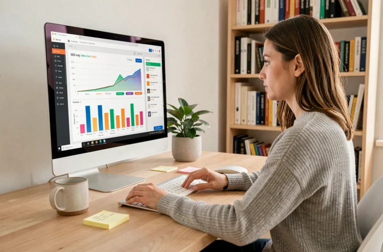 Femme professionnelle analysant des données SEO sur un écran d'ordinateur dans un bureau moderne et épuré
