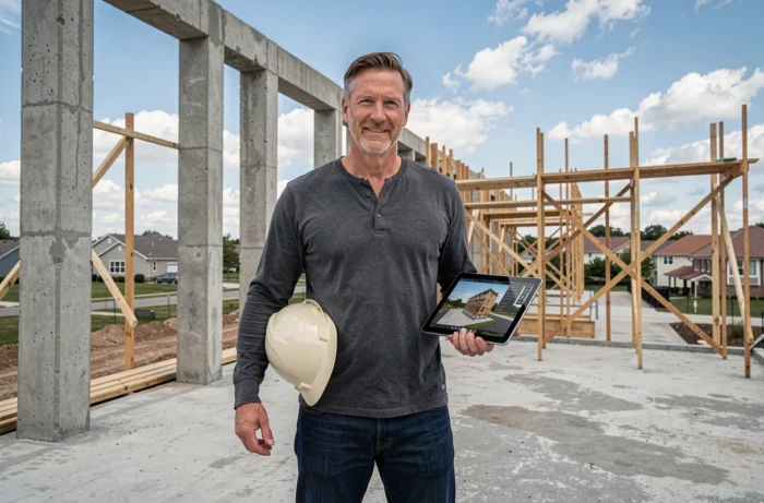 Architecte professionnel sur un chantier de construction résidentielle consultant une tablette avec des rendus 3D