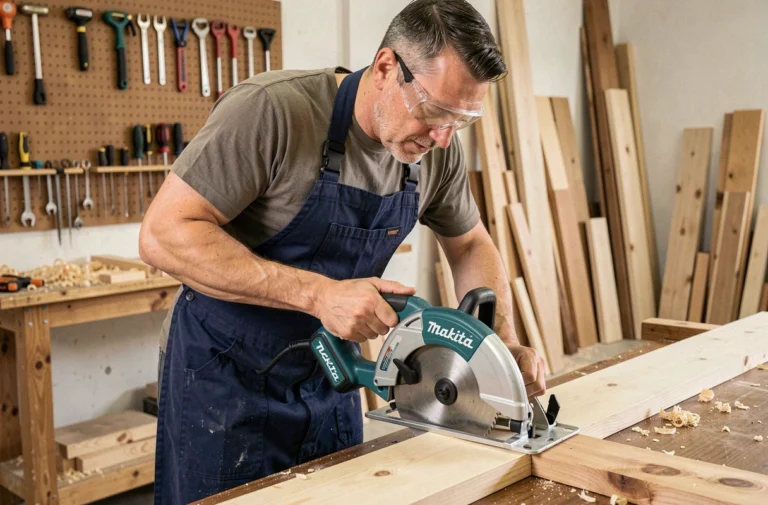 Artisan tenant une scie circulaire sans fil Makita sur un établi en bois dans un atelier de menuiserie professionnel