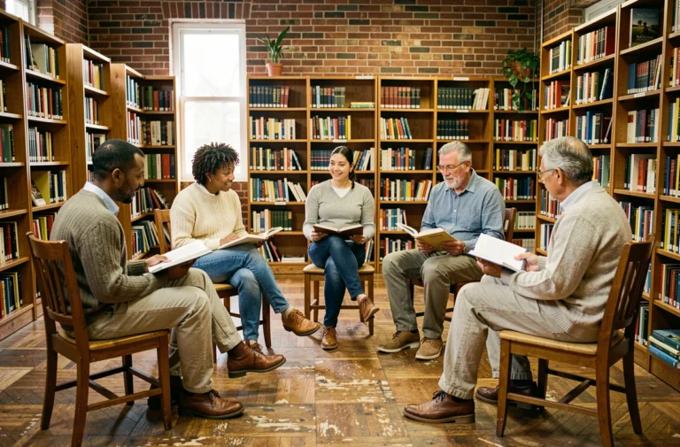 Groupe diversifié d'adultes réunis en cercle dans une bibliothèque communautaire pour un atelier de lecture inclusive