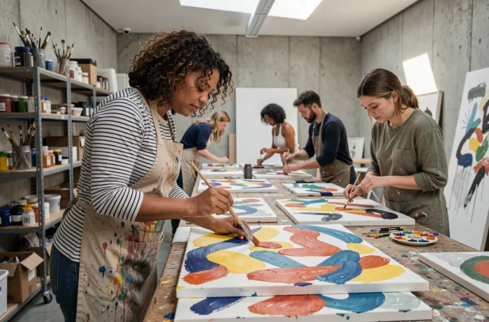 Femme participant à un atelier de peinture collective favorisant l'inclusion par la création artistique