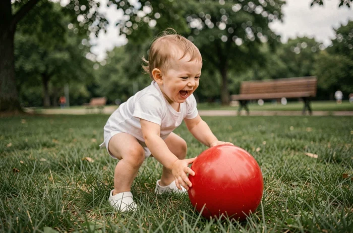Bambin de 18 mois jouant avec un ballon rouge sur l'herbe dans un parc pour stimuler la motricité globale et la coordination
