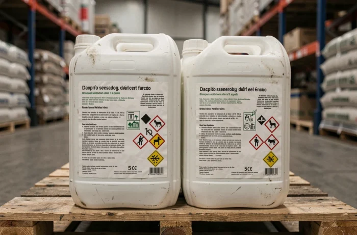 Gros plan sur des bidons de 5 litres de glyphosate avec étiquettes réglementaires espagnoles dans un entrepôt agricole