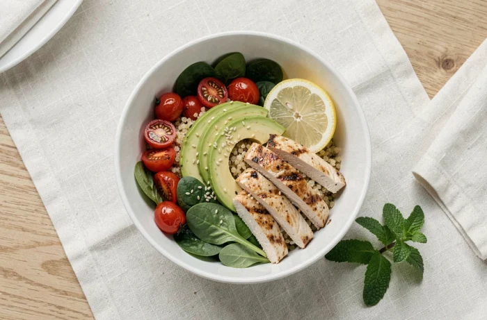 Bol repas équilibré avec quinoa, avocat, légumes rôtis et poulet grillé pour une alimentation saine et légère