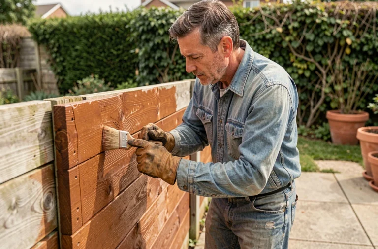 Bricoleur appliquant une lasure bois sur une clôture de jardin avec un pinceau large lors d'un projet DIY en extérieur