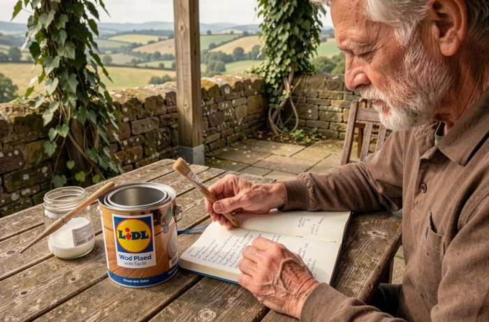 Bricoleur expérimenté lisant l'étiquette d'une boîte de lasure bois Lidl avec ses notes de chantier posées sur une table en bois en terrasse