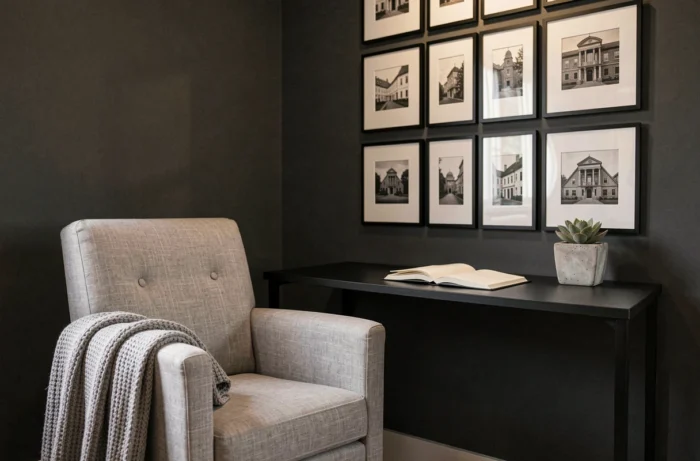 Coin bureau à domicile avec fauteuil en lin gris clair, mur en charbon profond et galerie de cadres noir et blanc