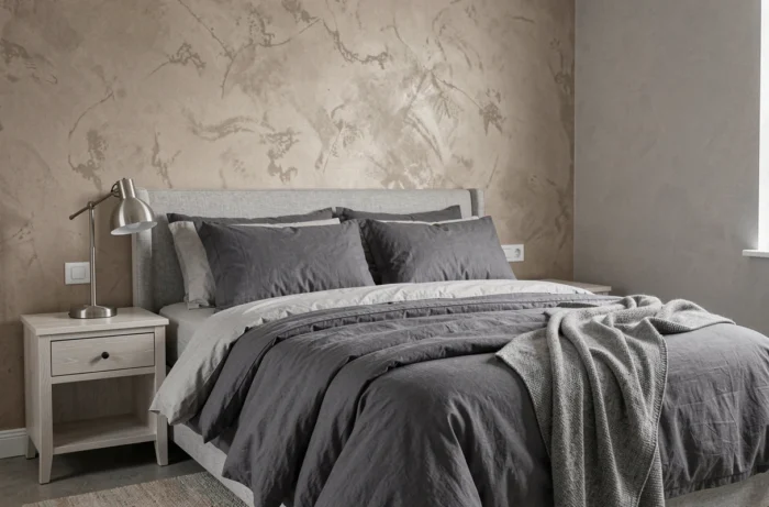 Chambre minimaliste aux tons gris avec literie en coton graphite et mur en plâtre texturé warm greige