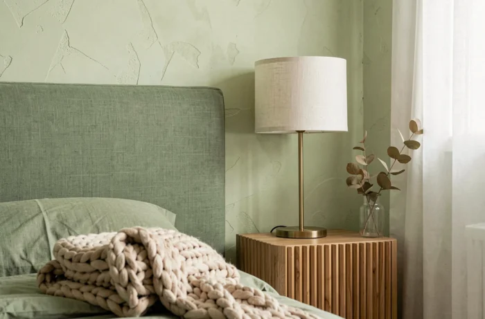 Coin chambre moderne avec tête de lit tapissée en lin vert sauge, table de chevet en chêne cannelé et décoration minimaliste en laiton et céramique