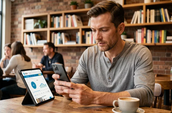 Chef d'entreprise recherchant une agence digitale sur son smartphone dans un café pour améliorer sa présence en ligne