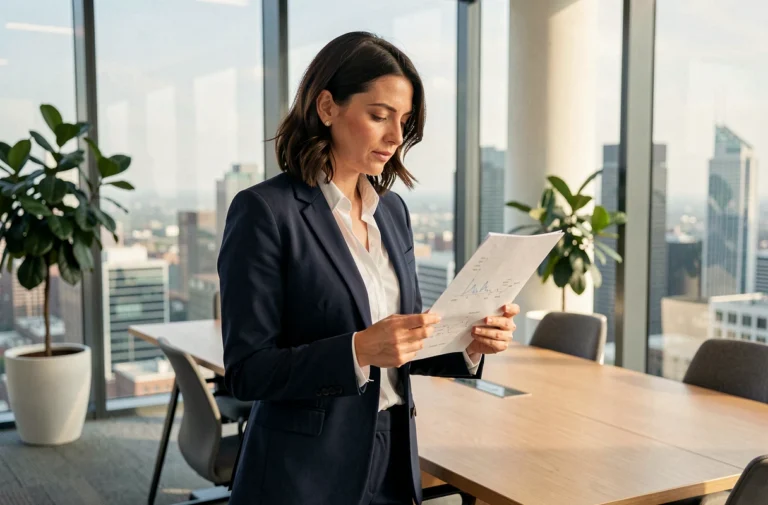 Femme cheffe d'entreprise en blazer marine analysant une stratégie commerciale dans un bureau moderne avec vue sur la ville