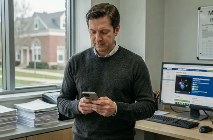 Chercheur consultant les informations de contact d'un site scientifique sur son smartphone dans un bureau universitaire