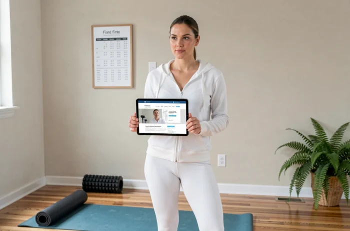 Coach fitness féminine affichant les mentions légales de son site de coaching à domicile sur une tablette