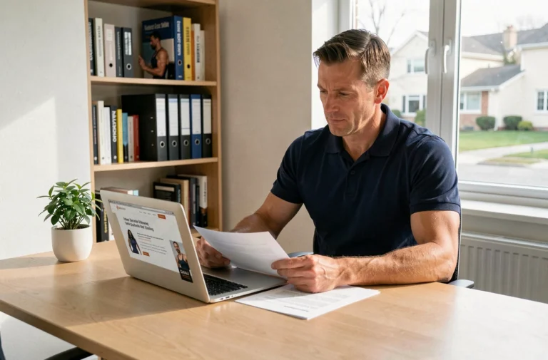 Coach sportif à domicile vérifiant les obligations légales de son site web dans un bureau moderne