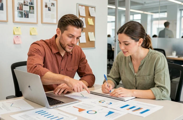 Deux collègues collaborant sur une stratégie de présence en ligne avec ordinateur portable et documents imprimés dans un bureau d'agence