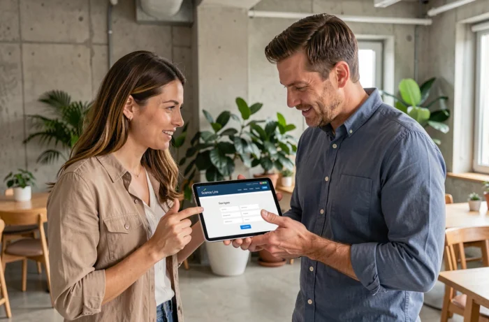 Deux collègues consultant ensemble les informations et contacts du site Science Line sur une tablette dans un open space moderne