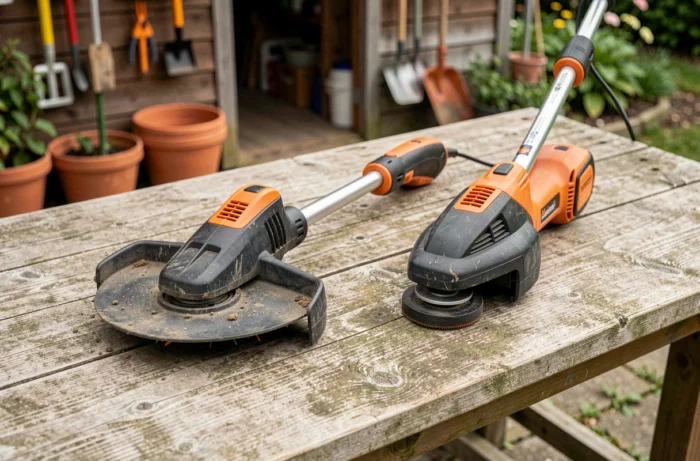 Comparaison de deux modèles de taille-bordures posés sur un établi de jardin en bois