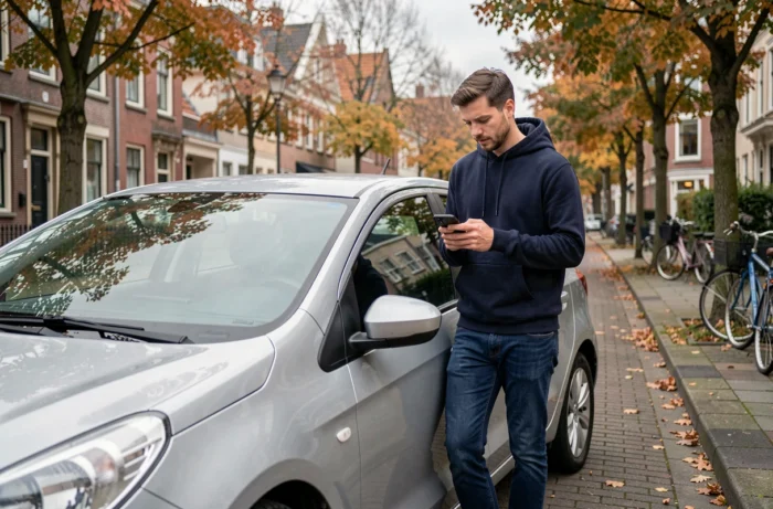 Homme conducteur préparant son trajet en covoiturage avec Citygo depuis son smartphone à côté de sa voiture