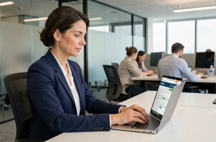 Une employée Air France connectée à l'intranet Intralignes sur son ordinateur portable dans un bureau professionnel