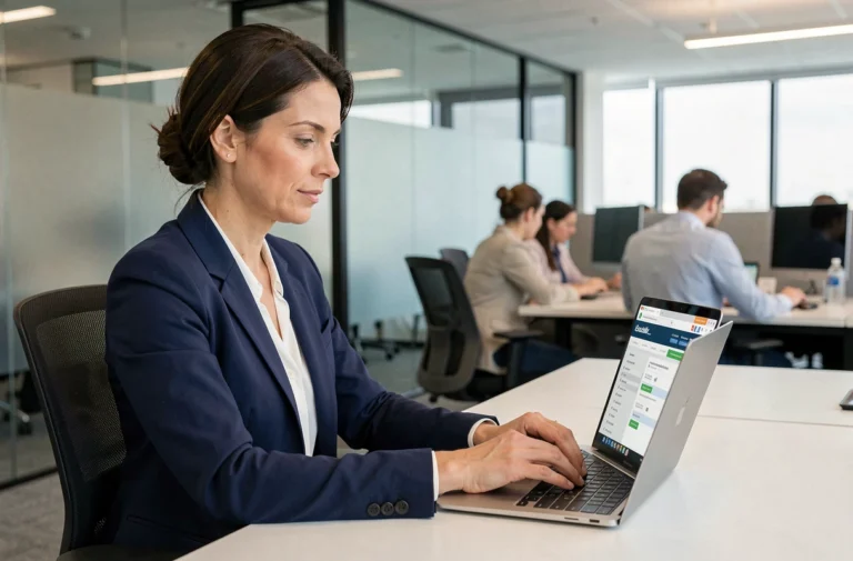 Une employée Air France connectée à l'intranet Intralignes sur son ordinateur portable dans un bureau professionnel