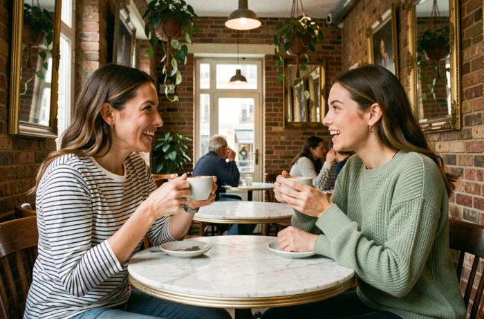 Deux femmes discutant de tendances lifestyle autour d'un café dans un bistrot parisien