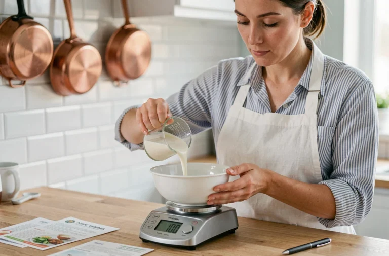 Femme versant de la crème fraîche dans un bol de balance de cuisine pour mesurer 100g, cuisine moderne en bois clair