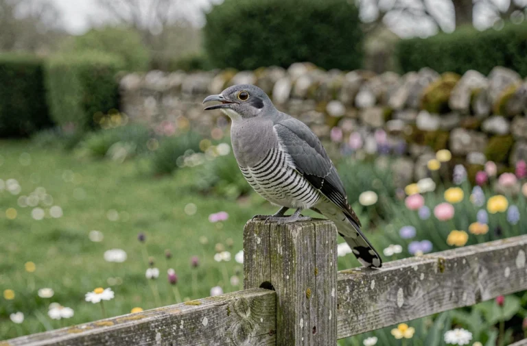 Coucou gris perché sur un piquet de clôture en bois dans un jardin français, bec ouvert en plein chant