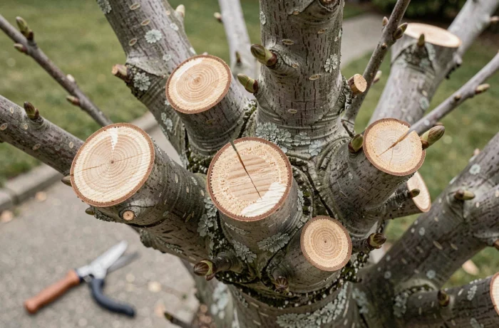 Gros plan sur les moignons taillés d'un mûrier platane montrant les coupes nettes et les bourgeons dormants après la taille