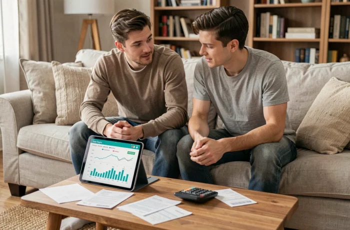 Couple discutant de leur budget familial avec une tablette et des reçus sur une table basse dans un salon au décor neutre