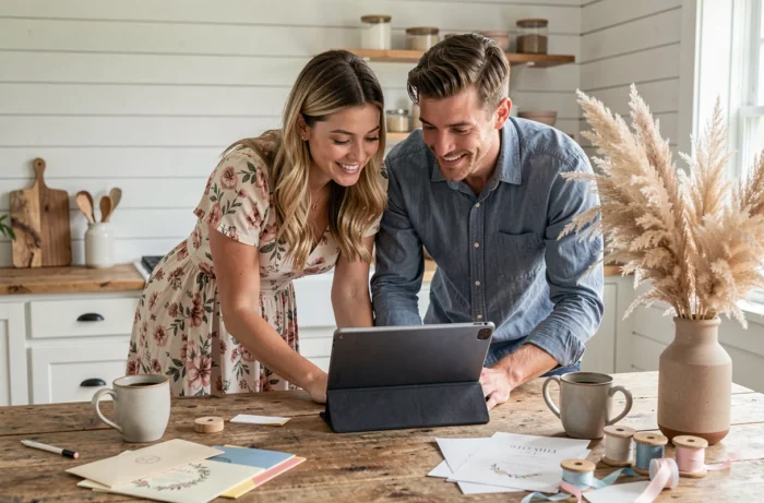 Couple choisissant ensemble un modèle de faire-part de mariage gratuit sur une tablette dans une cuisine rustique