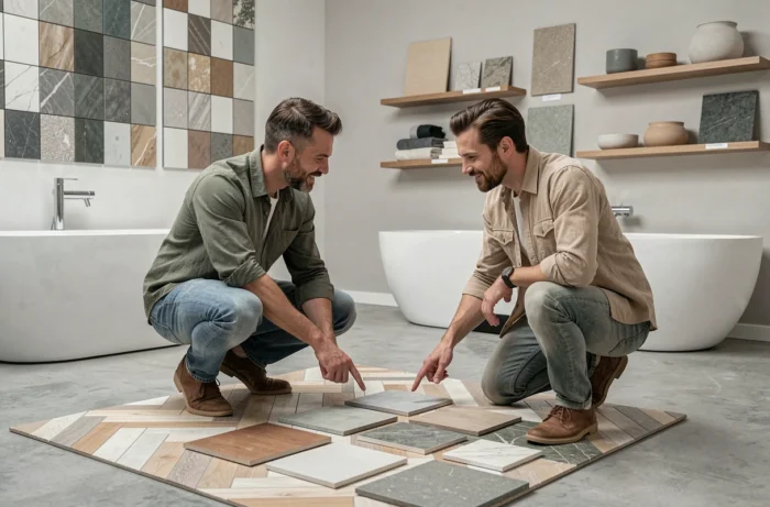 Couple en studio de design comparant des carrelages et des équipements de salle de bain pour rénover leur intérieur