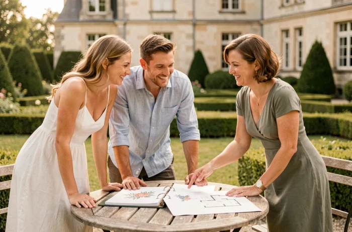 Couple heureux en réunion avec leur coordinatrice de mariage dans le jardin d'un château pour planifier leur cérémonie