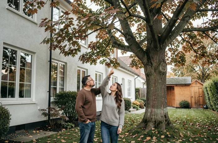 Couple évaluant la proximité d'un grand arbre feuillu par rapport aux murs de leur maison en automne