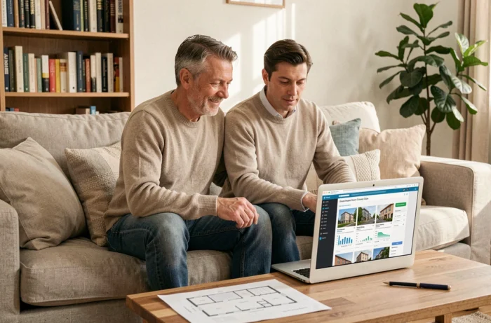 Couple consultant un site d'investissement immobilier en ligne sur un ordinateur portable depuis leur salon